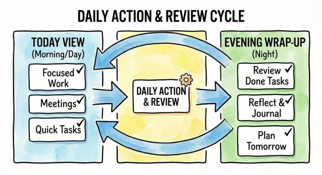 Diagram featuring a "TODAY VIEW" for daily tasks, an "EVENING WRAP-UP" for review, and the overall "DAILY ACTION & REVIEW" process.