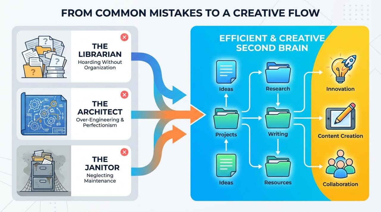 Second brain mistakes - An infographic showing the three personas of librarian, architect and janitor, organizing and creating ideas with innovation.
