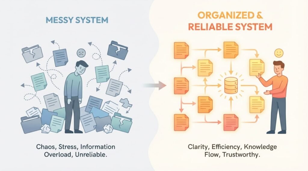 Second brain mistakes - An image showing a reliable system helps with clarity, efficiency and knowledgeflow, while a messy system causes chaos, stress, and information overload.