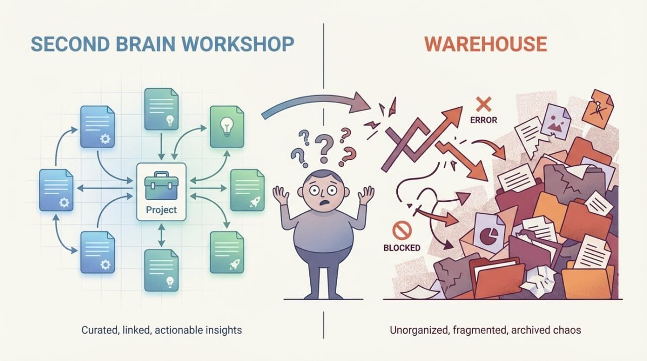 Second Brain Mistakes - An image showing a man between an organized workshop and a cluttered warehouse, explaining the benefits of a second brain for organization and action.