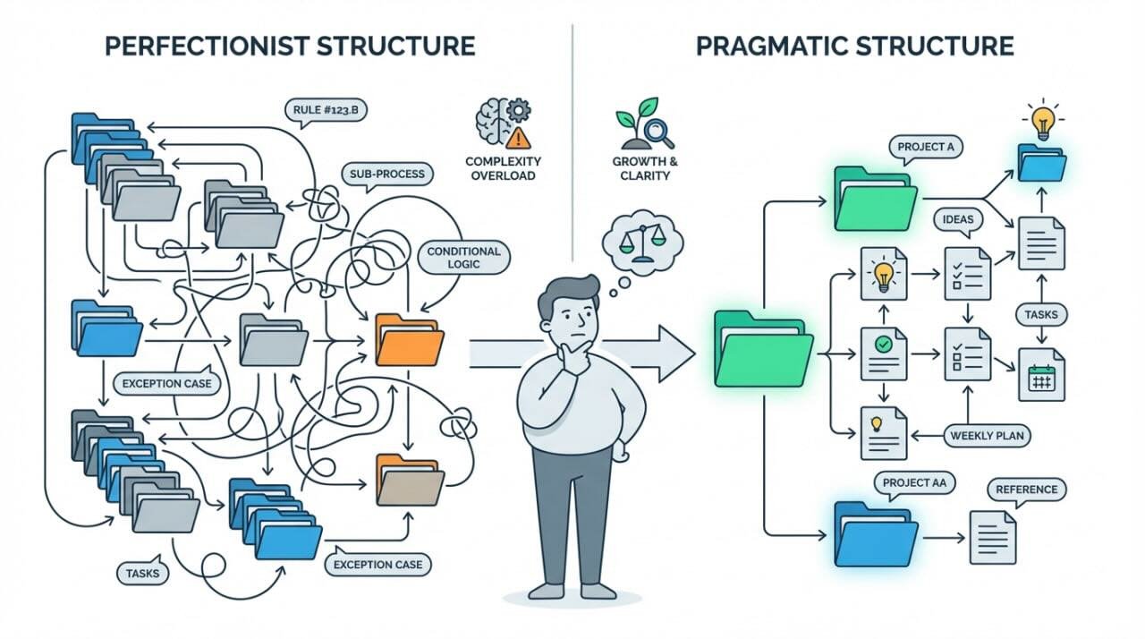 Second brain mistakes - An image depicting how a pragmatic structure leads to growth, compared to a perfectionist structure which leads to overload.