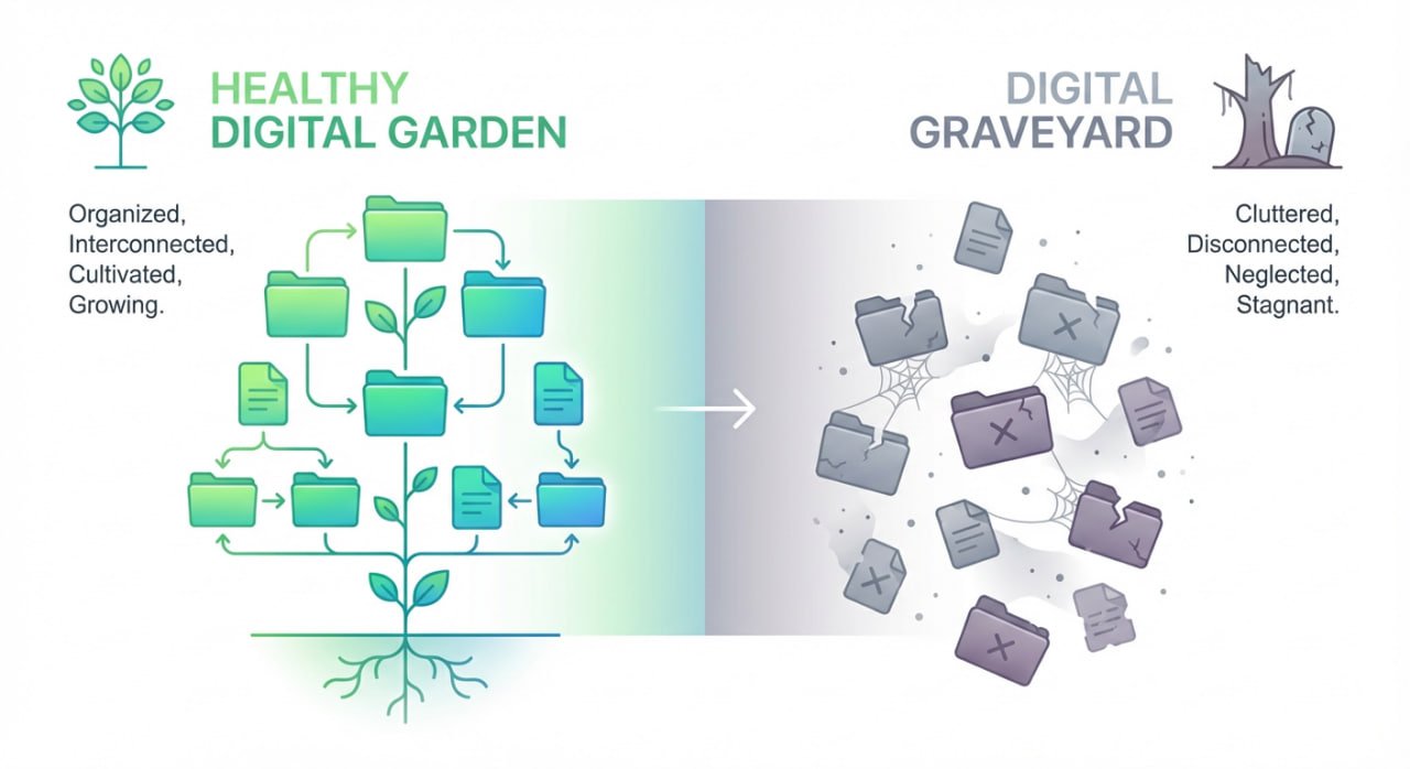 Second Brain Mistakes - An image showing the benefits and the digital garden which are organization, interconnectedness and growth, against a digital graveyard which causes clutter, disconnectedness and stagnation.