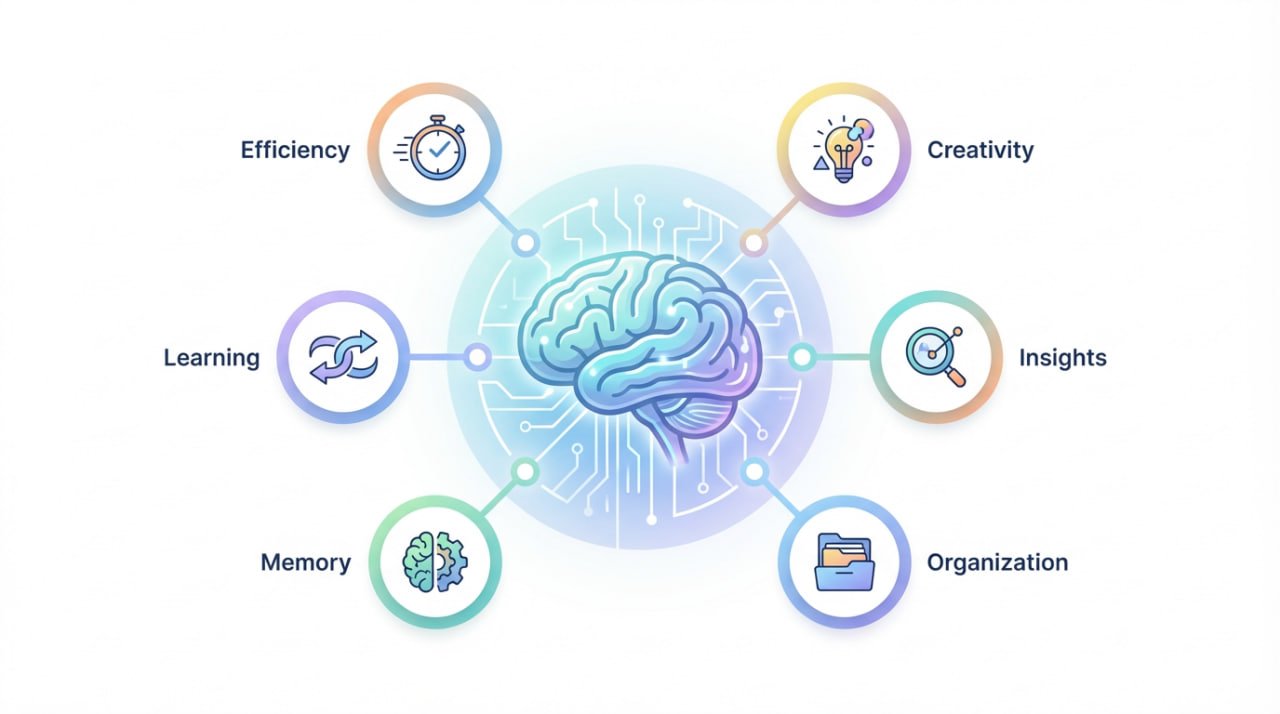 A diagram that displays the benefits of AI-enhanced PKM with a brain image in the middle of the benefits.