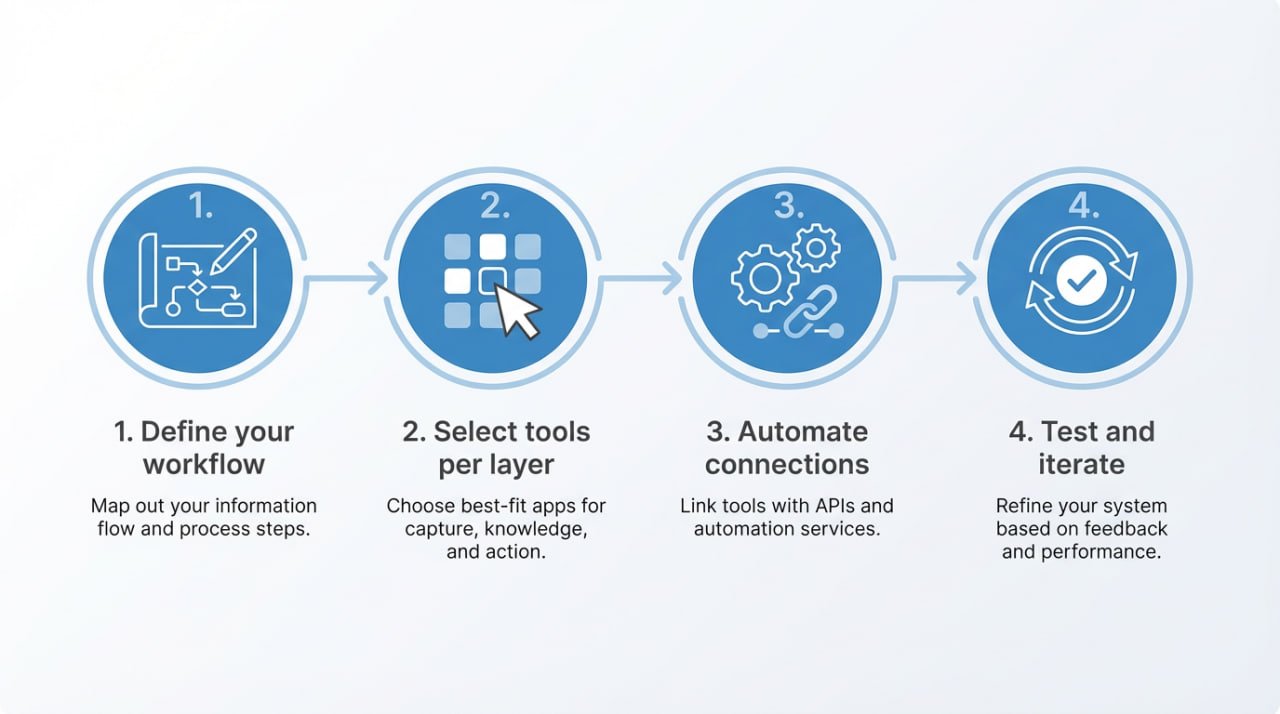 An illustration depicting the 4 steps in creating a custom second brain stack. - Second Brain Tools