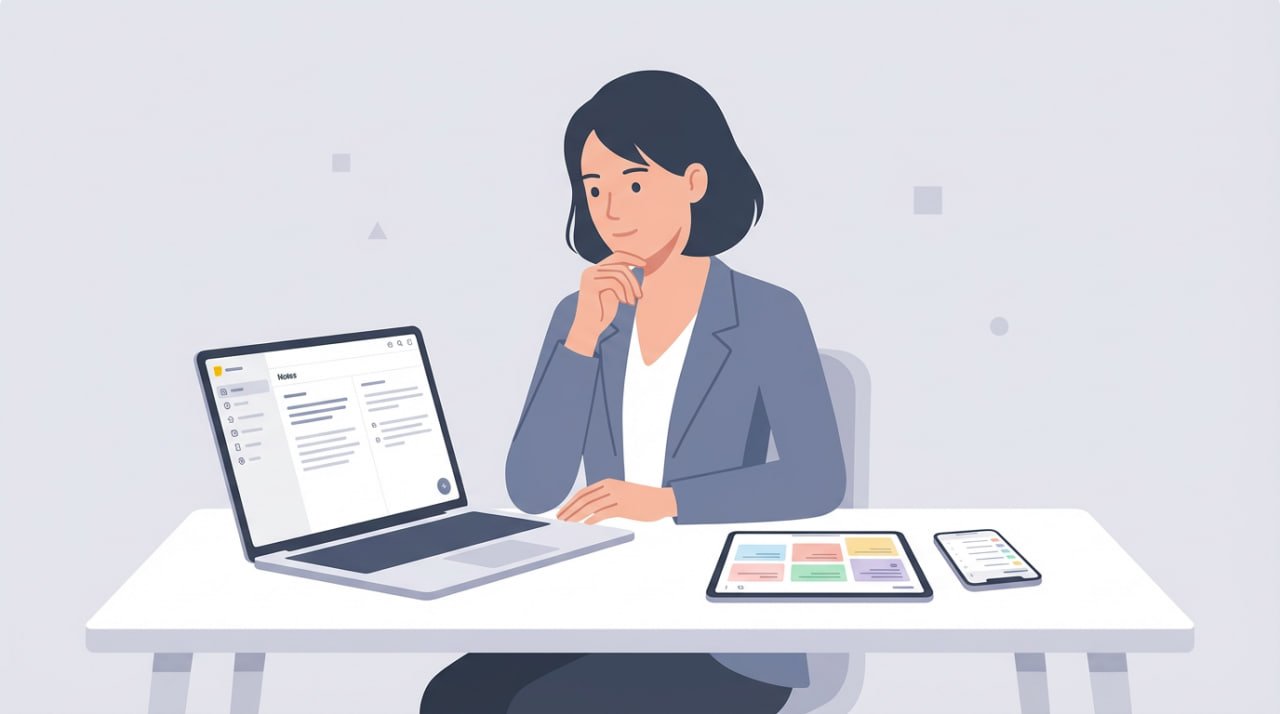 A woman sits at her desk staring at her various digital devices and the note taking apps on them - Second Brain Tools