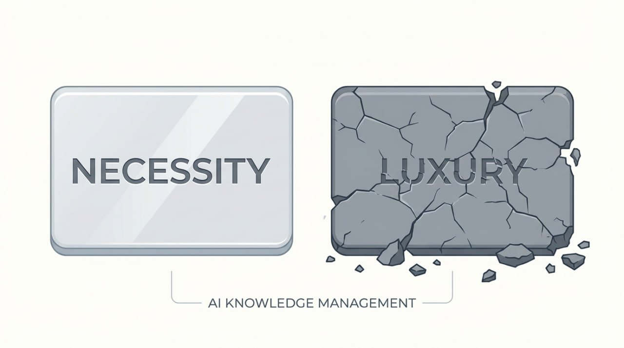 AI-Powered Personal Knowledge Management - The image illustrates that AI-enhanced PKM is a necessity not a luxury by showing the plaques of the words necessity and luxury where luxury is broken whereas necessity is intact.