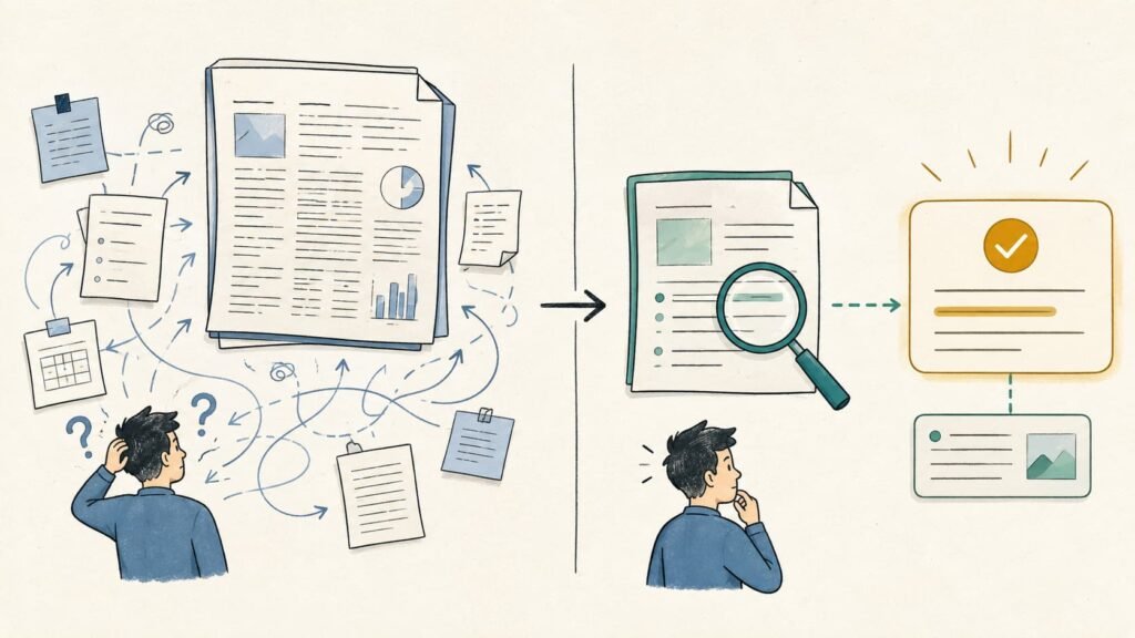 A researcher selects reliable sources and turns them into a structured research brief with linked evidence.
