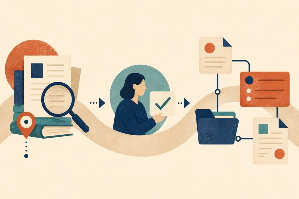 A conceptual flow from source review and cited research to documented decisions and follow-up work.