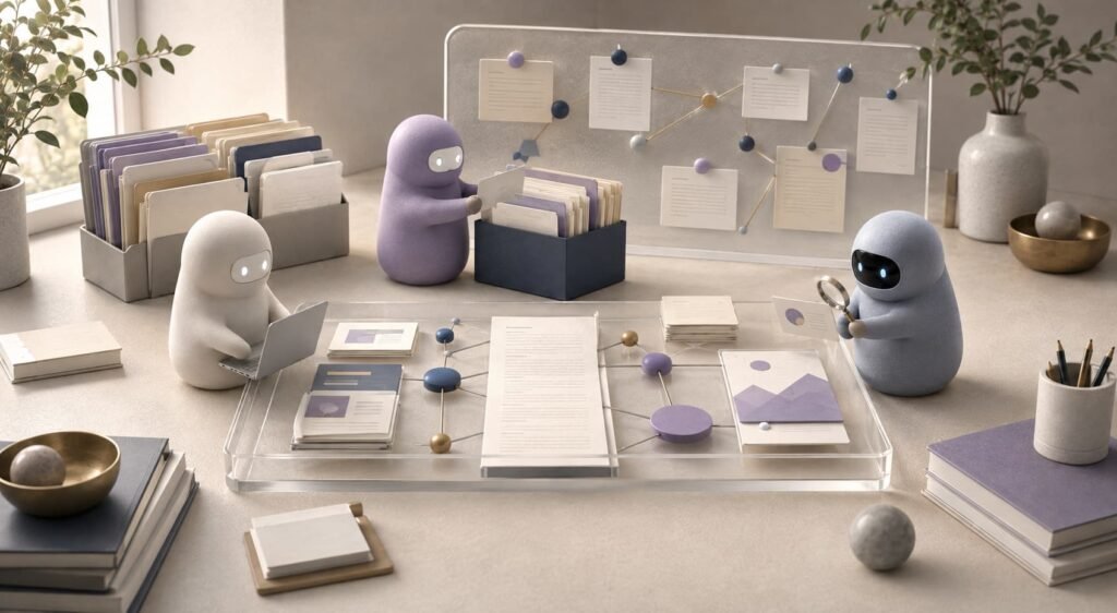 Three AI agents writing, organizing, and researching content in a shared knowledge workspace