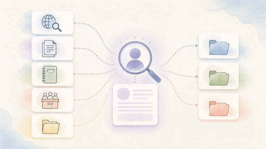 Five source types pass through human review into three separate client folders.