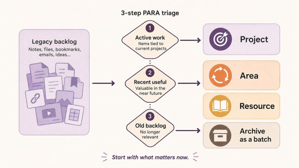 Three-step PARA migration workflow for sorting active work, useful recent material, and old backlog