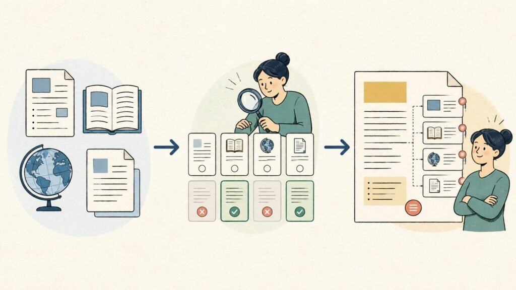 A knowledge worker moves from a confusing pile of documents to a focused question and a clear answer.