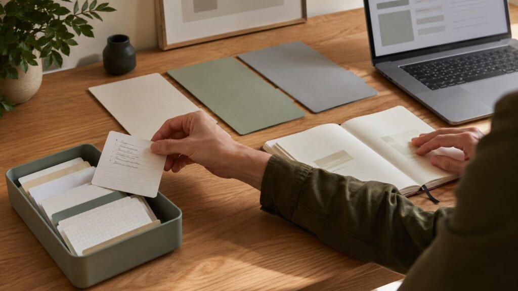 A knowledge worker sorting a new idea card from an inbox tray into a project notebook