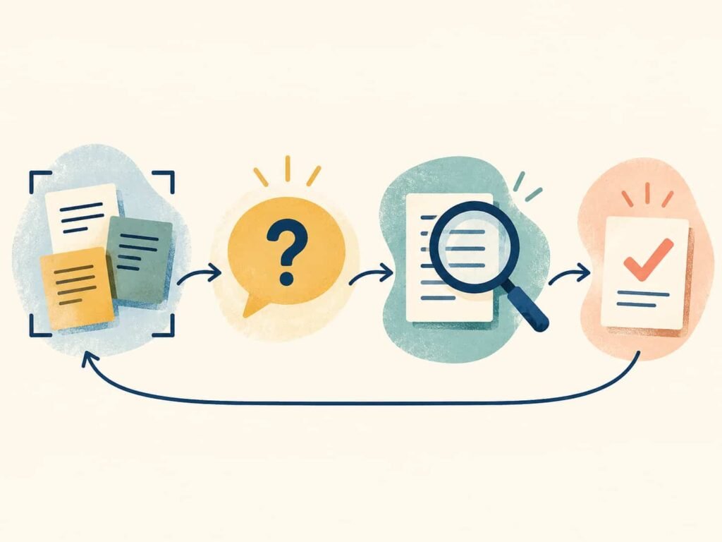 Four-step workflow for turning selected notes into a verified next action