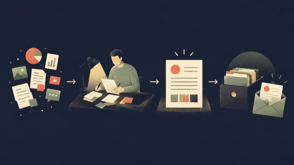 A conceptual consulting workflow that turns research into reusable project knowledge.