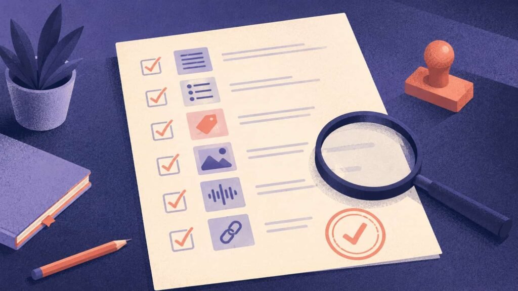 Migration quality-assurance checklist with symbols for text, lists, tags, images, audio, and links